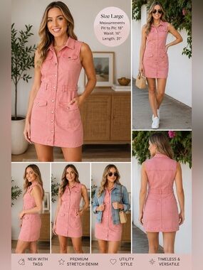 DL1961 NWT Pink Denim Utility Mini Dress Large Sleeveless Safari Button Front